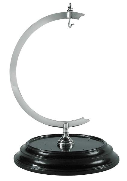 Tischständer für Globen und Uhren mit vercromten Bügelund und Holzfuß