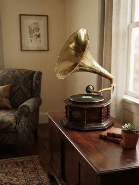 Wunderschönes funktionsfähiges 4 - Eckiges Grammophon zum Abspielen von alten Schellackplatten. im Wohnzimmer